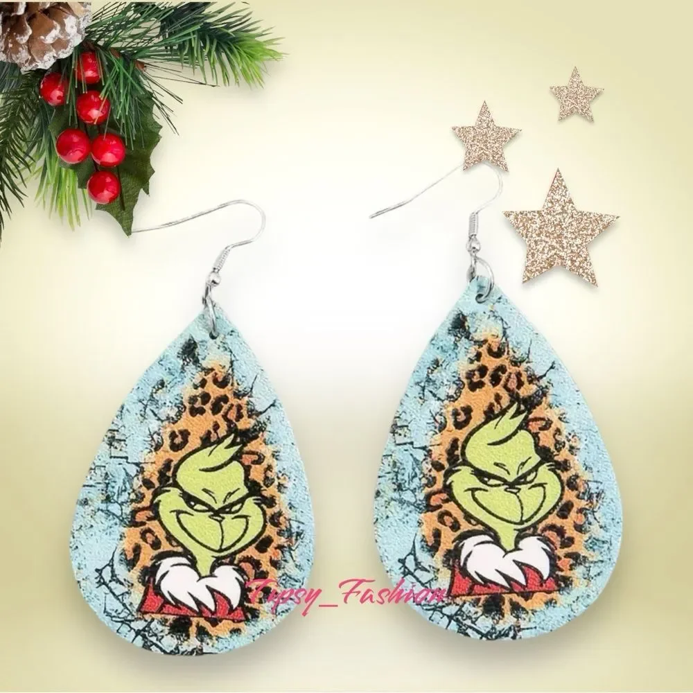 Grinch Leopard Print Teardrop Christmas Earrings Holiday NWT